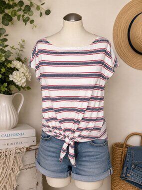 Max Studio Striped Tie Front Top Size Medium Red White Blue Nautical